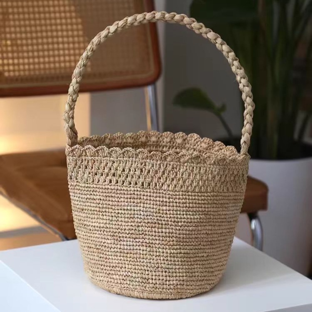 Handmade Crochet Straw Bucket  - Women'S Raffia Bags ulasan dan harga