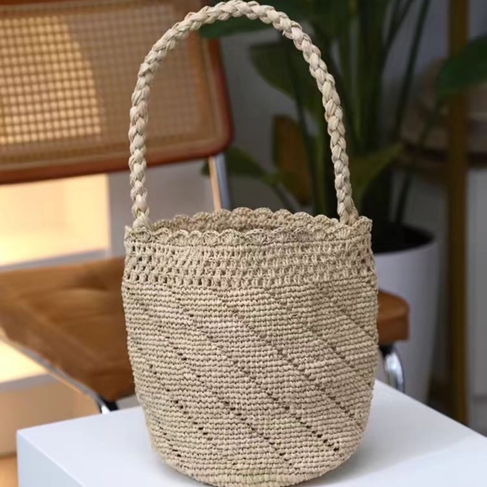 Handmade Crochet Straw Bucket  - Women'S Raffia Bags ulasan dan harga